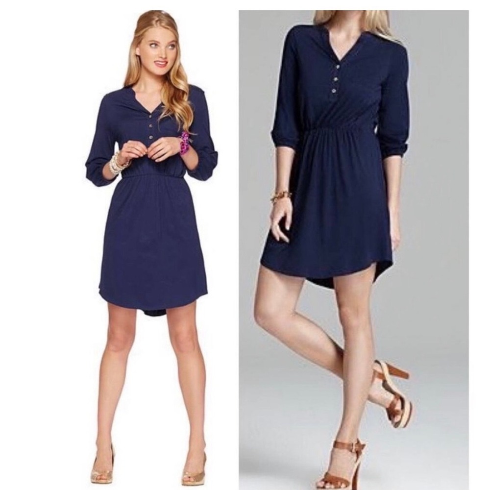 Lilly Pulitzer Beckett Cotton Henley Elastic Waist Dress Navy Blue Womens Med